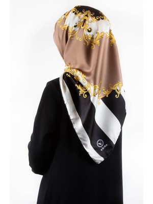 Violla Twill Çizgili Barok Desenli Bej Renkli 90X90 Eşarp (Ipek Içermez) Kenar Dikiş Şekli El Dikişli