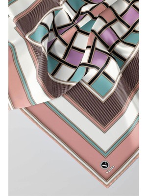 Violla Twill Kare Desenli Somon - Su Yeşili Renkli 90X90 Dikim Şekli : El Dikişi Eşarp (Ipek Içermez)