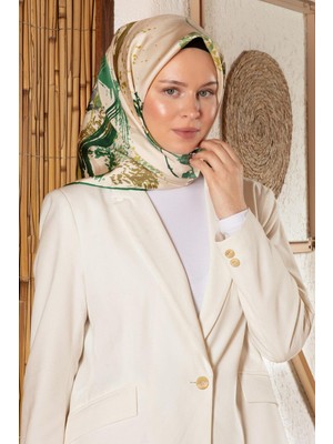 Vissona %100 Twill Ipek Suluboya Çiçek Desenli Zümrüt Yeşili - Haki Yeşili Renkli 90X90 Eşarp Dikim Şekli : El Dikişi
