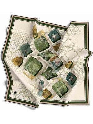 Violla Kristal Geometrik Taş Desenli Zümrüt Yeşili - Gold  Renkli 90X90 Eşarp (Ipek Içermez) Dikim Şekli : El Dikişi