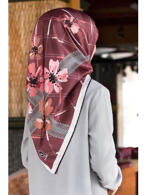 Violla Twill Papatya Desenli Gül Kurusu Renkli 90X90 Eşarp (Ipek Içermez) Kenar Dikiş Şekli El Dikişli