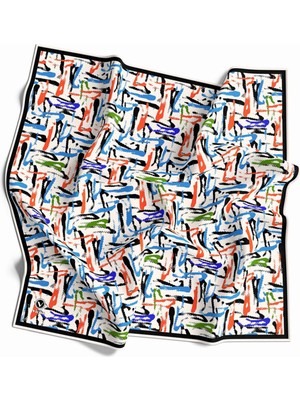 Violla Twill Geometrik Desenli Bebe Mavisi - Turuncu Renkli 90X90 Eşarp (Ipek Içermez) Dikim Şekli : El Dikişi