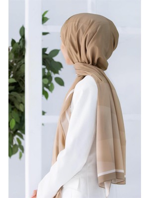 Vissona Lüks Medine Ipeği Geometri Desenli Vizon Renkli 75X195 Kırışmaz Şal Moss Krep Dikiş Tipi Italyan Dikişli