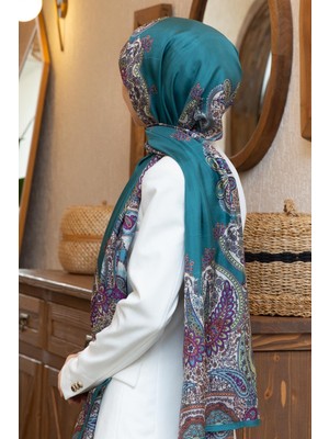 Vissona 100% Ipek Etro Desenli Petrol Yeşili Renkli 92X210 Şal