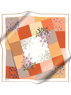 Vissona %100 Twill Ipek Kareli ve Çıtır Çiçek Desenli Taba - Gold Renkli 90X90 Eşarp Dikim Şekli : El Dikişi