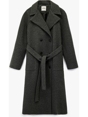 Koton Uzun Kollu Cepli Kemerli Düğmeli Uzun Kaşe Kaban