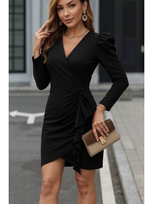 Ezel Glory Kadın Uzun Kollu Kruvaze Yaka Karpuz Kol Eteği Fırfır Detay Krep Mini Elbise