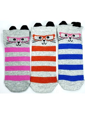 Marsilyan 3 Çift Kedi Temalı 3 Boyut Kulaklı Pamuklu Esnek Kadın Bilek Çorap