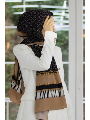 Vissona Lüks Medine Zebralı Baklava Desenli Sütlü Kahve Renkli 75X195 Kırışmaz Şal Moss Krep Dikiş Tipi Italyan Dikişli