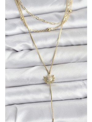 Butik Pirinç Gold Renk Zirkon Taşlı Güneş Model Detaylı 3'lü Kombin Y Kadın Kolye