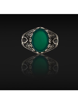 Umut Silver Yeşil Zirkon Taşlı Oval Işlemeli Gümüş Erkek Yüzük