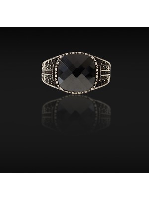 Umut Silver Siyah Onix Taşlı Nokta Işlemeli Gümüş Erkek Yüzük