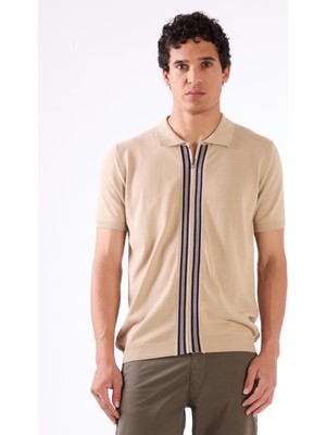 Dufy Erkek Slim Fit Fermuarlı Polo Yaka Bej Triko
