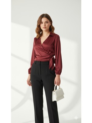 ribana Saten Kruvaze Yaka Yandan Bağlamalı Gömlek Bluz