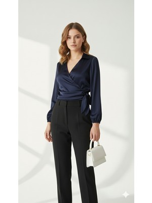 Saten Kruvaze Yaka Yandan Bağlamalı Gömlek Bluz