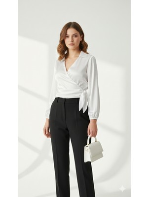 ribana Saten Kruvaze Yaka Yandan Bağlamalı Gömlek Bluz