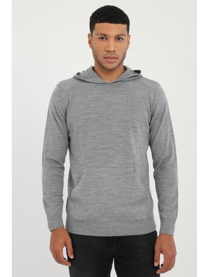 Dufy Gri Kapüşonlu Uzun Kol Slim Fit Erkek Triko