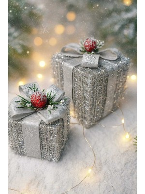 Empressco Renkli Gümüş Simli Hediye Paketi Dekor Seti 2’li, Yılbaşı Masa Süsü, 5x5 ve 7x7 cm