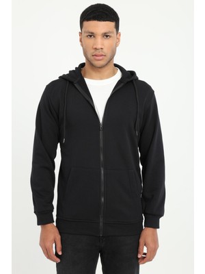 Dufy Siyah Fermuar Kapamalı Kapüşonlu Erkek Regular Fit Sweatshirt