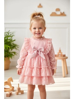 Aysskids Cleo Kız Çocuk Pembe,ekru,kırmızı Dantel Detaylı Uzun Kollu Özel Gün Bayramlık Elbise