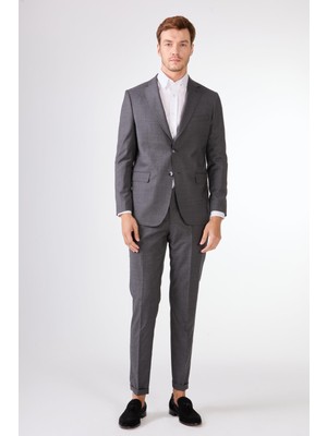 Dufy Gri Düz Renk Yünlü Slim Fit Erkek Takım Elbise