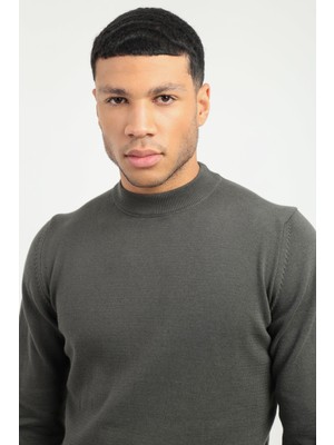 Dufy Haki Yarım Balıkçı Düz Erkek Regular Fit Triko