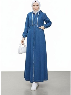 Kadın Kapüşonlu, Fermuarlı ve Cepli Koyu Kot Mavi Kap