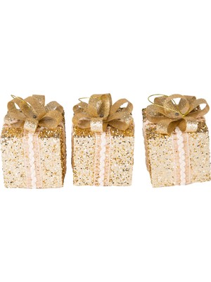 Empressco Parlak 3'lü Simli Altın Yılbaşı Süsü, Kurdelalı, 9 cm