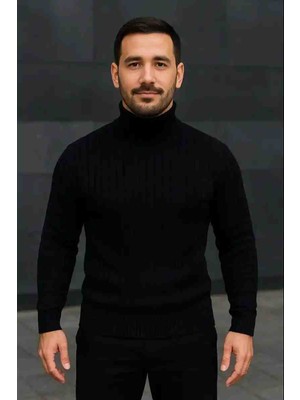 Erkek Balıkcı Yaka Bağazlı Triko Kazak Pamuklu Kalın Fitilli Dokuma, Regular Fit Uzun Kollu Kışlık Model - Siyah
