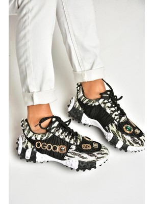 Fox Shoes U380143604 Siyah Kumaş Taşlı Spor Ayakkabı Sneakers