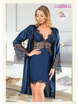 Miss Carmelia Sabahlıklı Saten Gecelik TAKIMI-2090 Lacivert