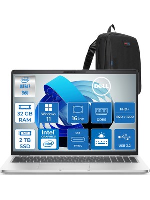Dell Pro 16 Plus Intel Core Ultra 7 255U 5.2ghz 32GB Ddr5 2tb SSD Windows 11 Pro Intel® Aı Boost 16 Inç IPS Fullhd+ (1920X1200) Taşınabilir Bilgisayar PB16250BTO105P14 + Zetta Çanta