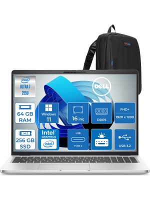 Dell Pro 16 Plus Intel Core Ultra 7 255U 5.2ghz 64GB Ddr5 256GB SSD Windows 11 Pro Intel® Aı Boost 16 Inç IPS Fullhd+ (1920X1200) Taşınabilir Bilgisayar PB16250BTO105P26 + Zetta Çanta