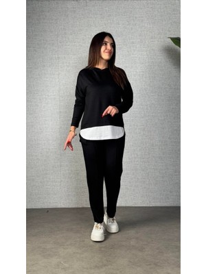 Veraura Lifestyle Kadın Uzun Kollu Kapşonlu Bağcıklı Viskon Iki Iplik Bluz ve Pantolon Ikili Takım
