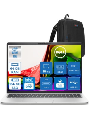 Dell Pro 16 Intel Core Ultra 7 255U 5.2ghz 64GB Ddr5 256GB SSD Freedos Intel® Aı Boost 16 Inç IPS Fullhd+ (1920X1200) Taşınabilir Bilgisayar PC16250BTO107F26 + Zetta Çanta