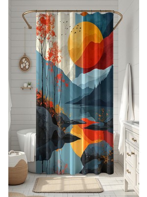 Moud's Banyo Perdesi, Kızıl Günbatımı Desenli Duş Perdesi, Küvet Perdesi, Halka Hediyeli 175X200CM Bp-42