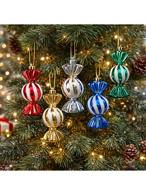 Empressco 5’li Renkli Şeker Şeklinde Yılbaşı Süsü, 10 Cm, Çam Ağacı Dekor Seti