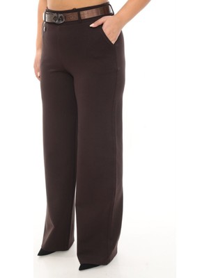 Zanessi Büyük Beden Toparlayıcı Kemerli Yüksek Bel Geniş Paça Örme Kadın Pantolon