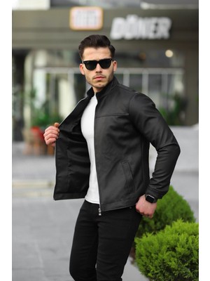 Baselco Premium Örme Triko Kol Dik Yaka Süet Ceket Erkek Slim Fit Suni Deri Siyah Karbon