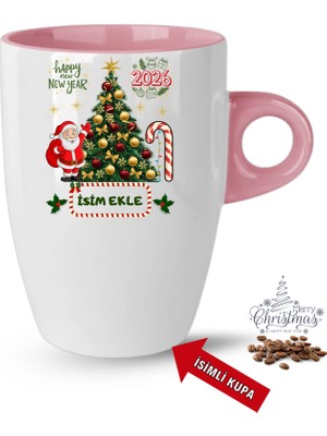 Caisya Yılbaşı Hediyesi Christmas Çam Ağacı Isimli Baskılı Porselen Latte Kupa Bardak Pembe