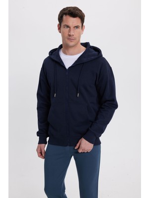 Tudors Erkek Relax Fit Rahat Kesim Pamuklu Tam Fermuarlı Kanguru Cepli Sırt Çantalı Lacivert Sweatshirt