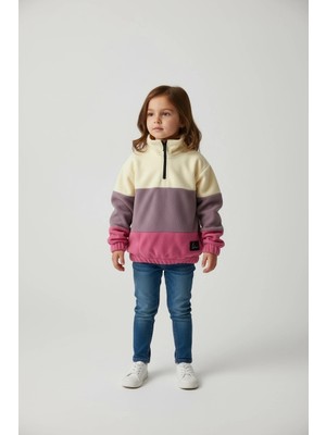 Sarakids 7-8 Yaş Kız Çocuk Sweatshirt – Krem, Lila ve Pembe Bloklu – Yarım Fermuarlı