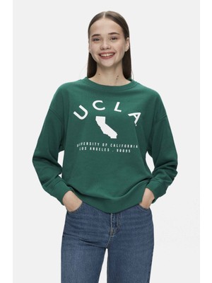 Ucla Alameda Yeşil Bisiklet Yaka Baskılı Oversize  Kadın Sweatshirt