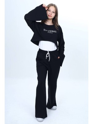 Asortix Kız Çocuk %100 Pamuk 3 Parça Eşofman Takımı – Modern Crop Üst, Geniş Kol, Spor KOMBIN--EŞT-0035-182