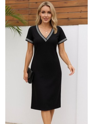 Bosel Kadın Kısa Kollu V Yakalı Yanlardan Yırtmaç ve Düğmeli Viskon Iki Iplik Elbise