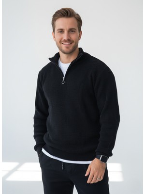 Alex Rosen Siyah Triko Yarım Fermuar Kalın Kazak