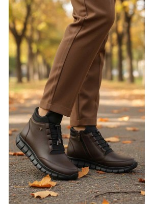 Ayakmod Kahve Hakiki Deri Lastik Bağcıklı Içi Polarlı Kadın Bot 3615 Z