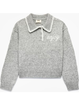 Koton Gri Polo Yaka Uzun Kollu Triko Kazak Kız Çocuklar İçin Desenli Günlük Stil