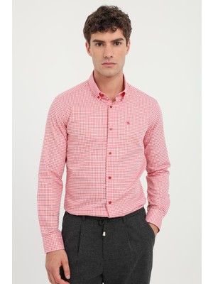 Dufy Erkek Slim Fit Uzun Kol Kırmızı Desenli Gömlek