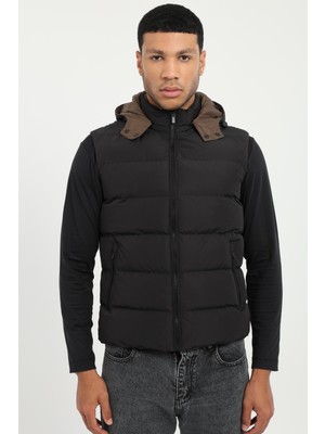 Dufy Siyah Slim Fit Şişme Kapüşonlu Erkek Yelek Mont